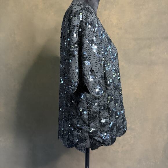 Vintage Hand Embroidered Black Sequin Beaded Top Blouse Scallop Hem Size 42 - Picture 2 of 10